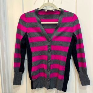 Trina Turk Cardigan Sweater Women’s 100% Marino Wool Gray Magenta Striped